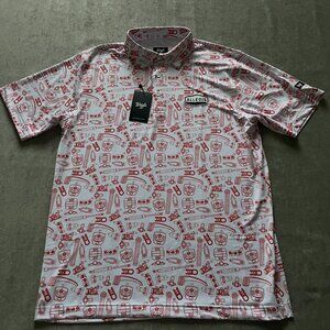 Waggle Polo Shirt Men Large Red White Graphic AOP Performance Golf Stretch Tech